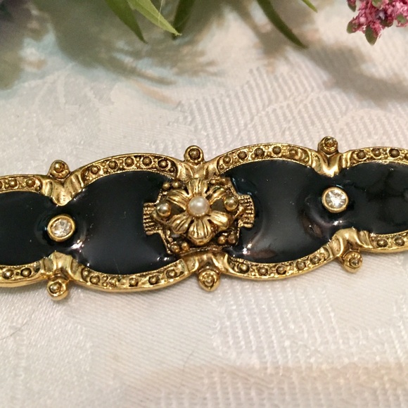 Vintage Gold Black Enamel Rhinestone Pearl Brooch - Picture 3 of 5